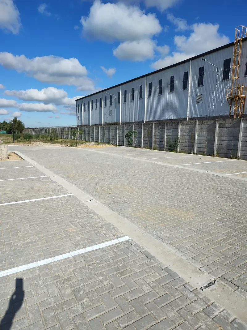 Estacionamiento de bloques de hormigón con las líneas de demarcación